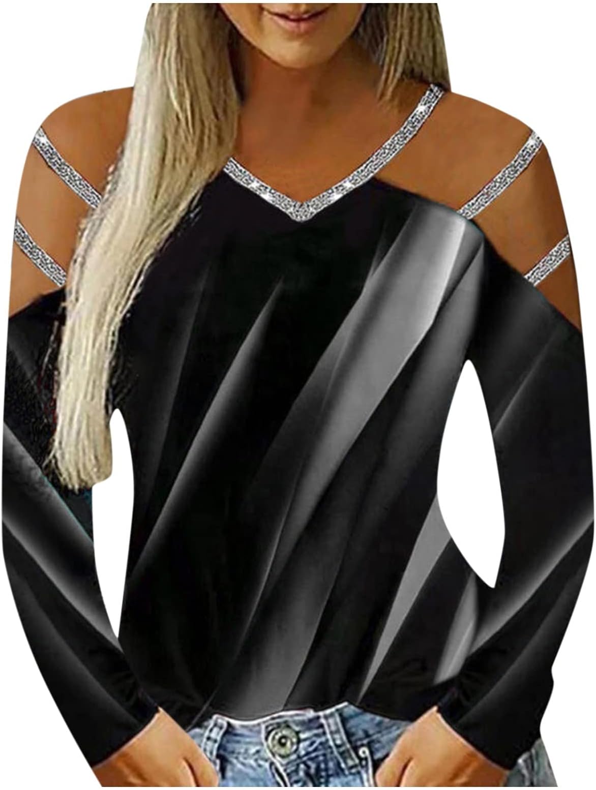 Womens Cold Shoulder Tunic Boat Neck T-Shirt Hollow Out Long Sleeve Rhinestone Diamond Studded Blouse Shirts