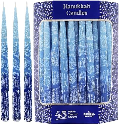 The Dreidel Company Hanukkah Candles Dripless Multi Blue Hued Frosted Deluxe Tapered Candles 1-Hour Burn Time Odorless 45 Candles for All Eight Nights of Hanukkah