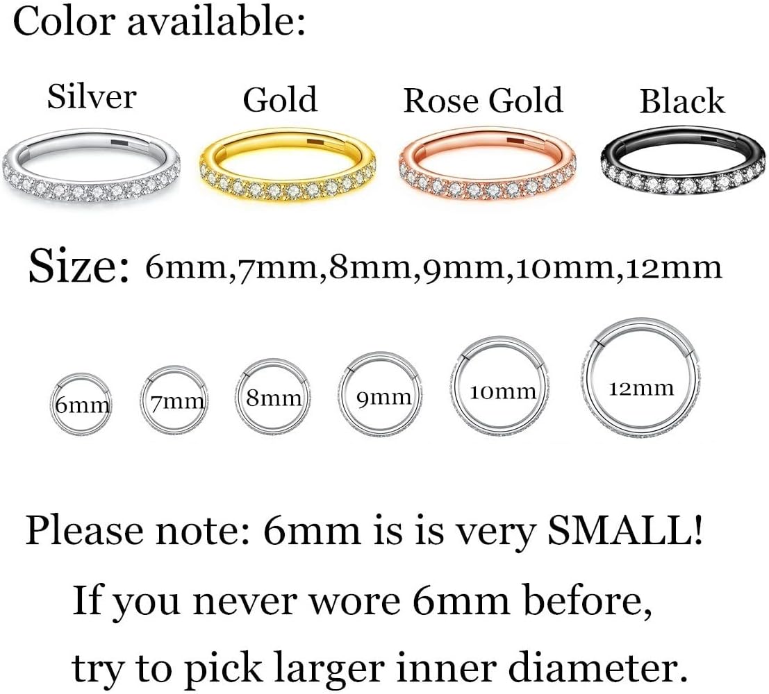 CZ Hinged Segment Nose Rings Hoop 316L Surgical Steel Cubic Zirconia Conch Daith Helix Tragus Body Piercing Jewelry Lip Rings Cartilage Earrings 20G 18G 16G Stainless Steel Septum Clicker Ring - Image 4