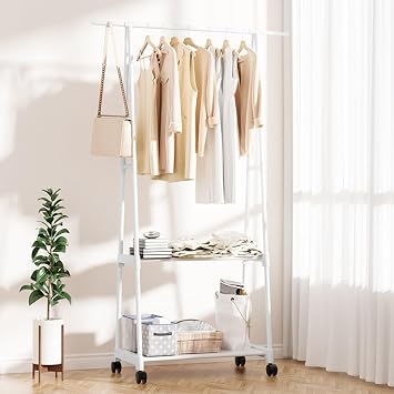 Bamboo Coat Rack Free Standing Metal Clothes Rail with Storage Shelf 57x46x158cm for Bedroom Office Living Room Stylish & Functional (White)