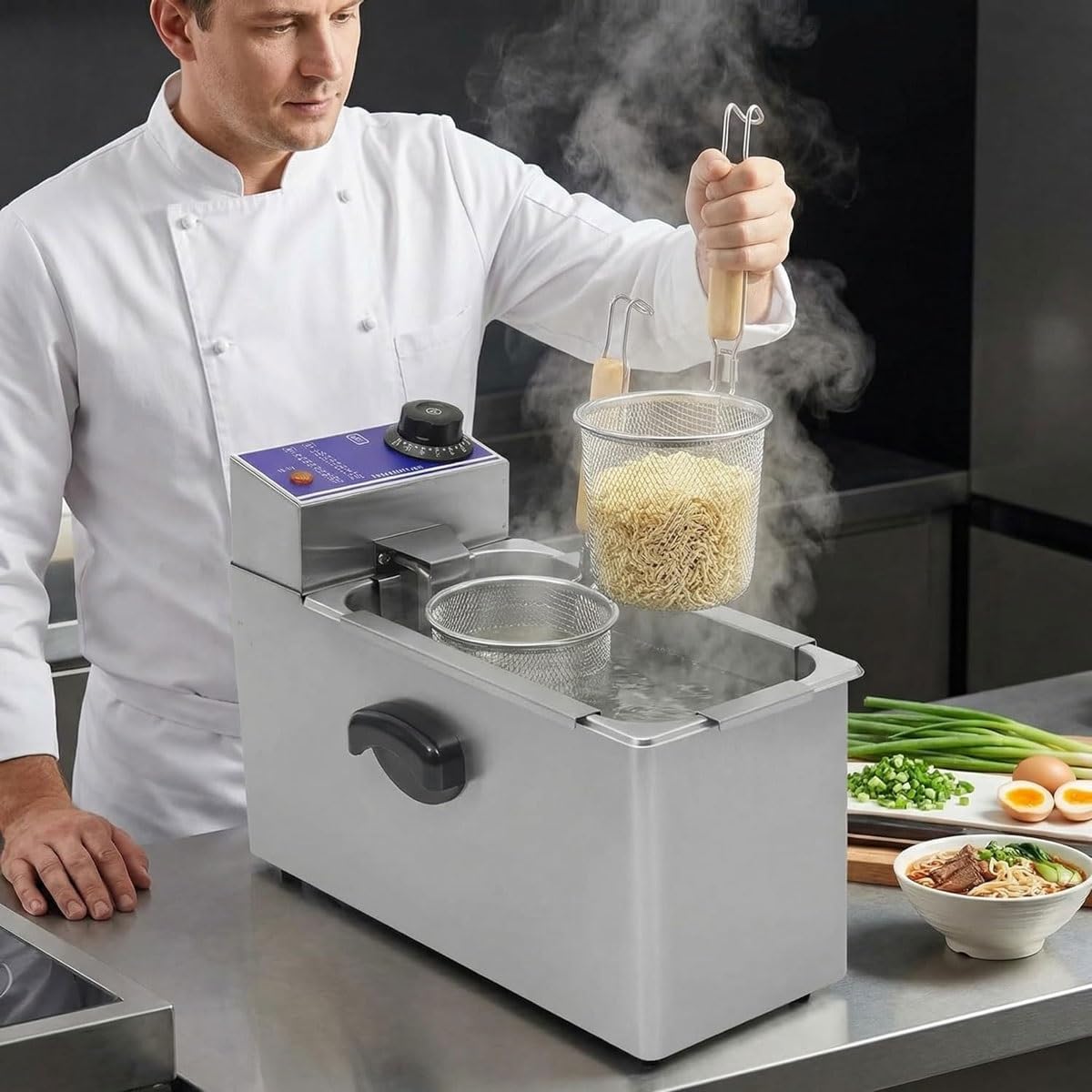 Cuocipasta Elettrico Professionale a 2 Fori, Macchina for Cucinare Noodles Elettrica da 2000 W con Filtro, Macchina for Cuoci Spaghetti in Acciaio Inossidabile, Temperatura Regolabile 30-110°C