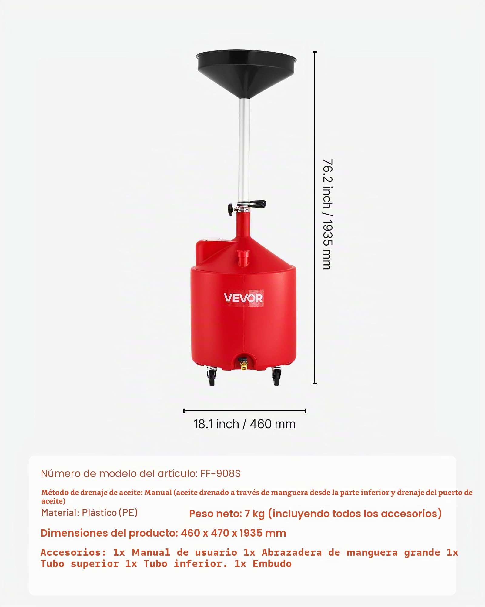 VEVOR Tanque de Drenaje de Aceite Usado, Drenaje de Aceite Portátil de Plástico de 68 L con Embudo Ajustable y Ruedas, Drenador de Combustible para Taller de Reparación de Coches, Industria, Rojo