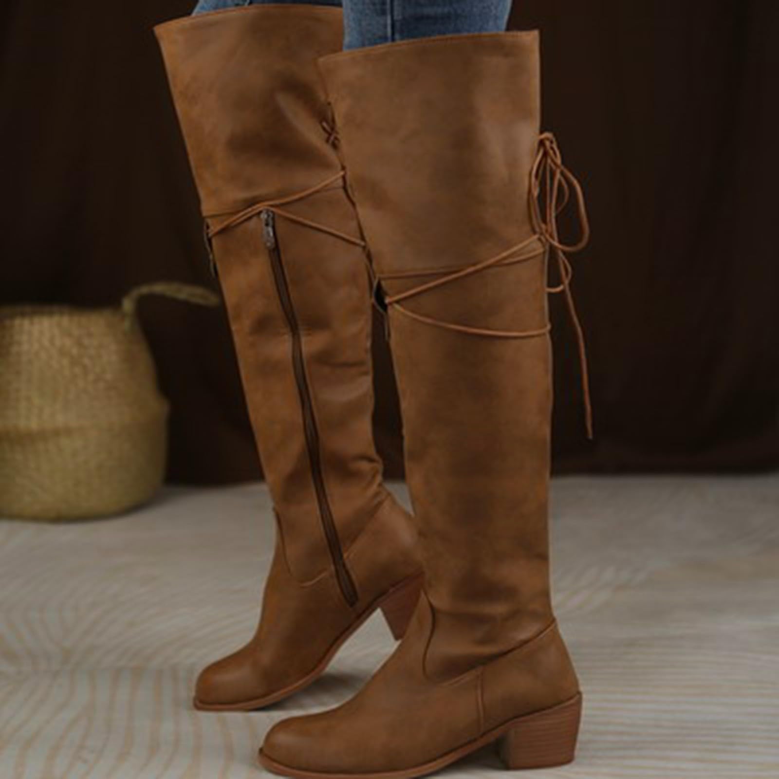 Botas Altas Mujer Invierno Botas Cowboy Mujer Cordones Cierre De Cremallera Lateral Moda Retro Antideslizantes Comodas Bota Tacones Medios-Bajos Clásicas Sólido Por Encima La Rodilla Casual Bota
