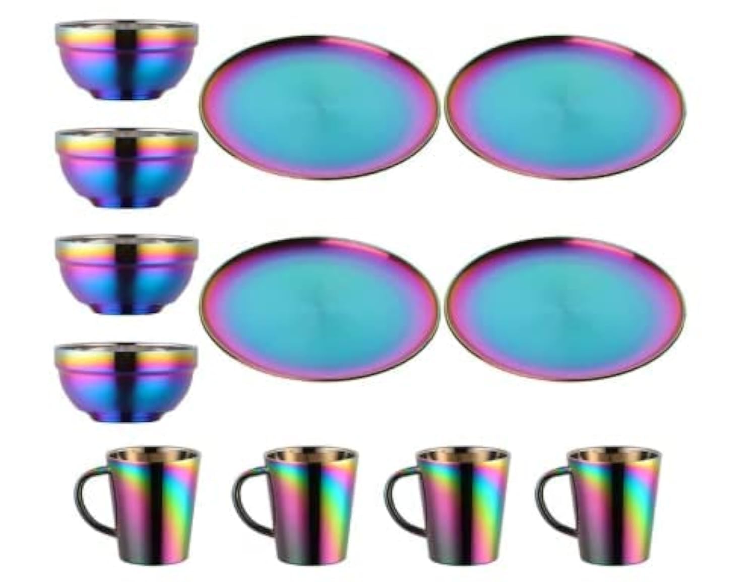 Teller- und Schalen-Sets, Edelstahl-Geschirr, Schalen, Tassen, Küchengeschirr-Set, Service für 4 (Regenbogen, 23 cm Teller/5,1 Zoll Schüssel/Tassen)