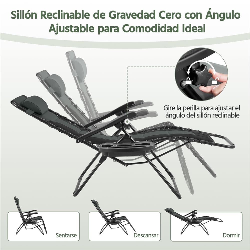 Yaheetech Tumbonas Jardin Exterior Silla Reclinables de Cero Acolchada Tumbona Plegable Tumbona Playa para Piscina con Portavasos Negro/Gris Carga Máxima: 114 kg