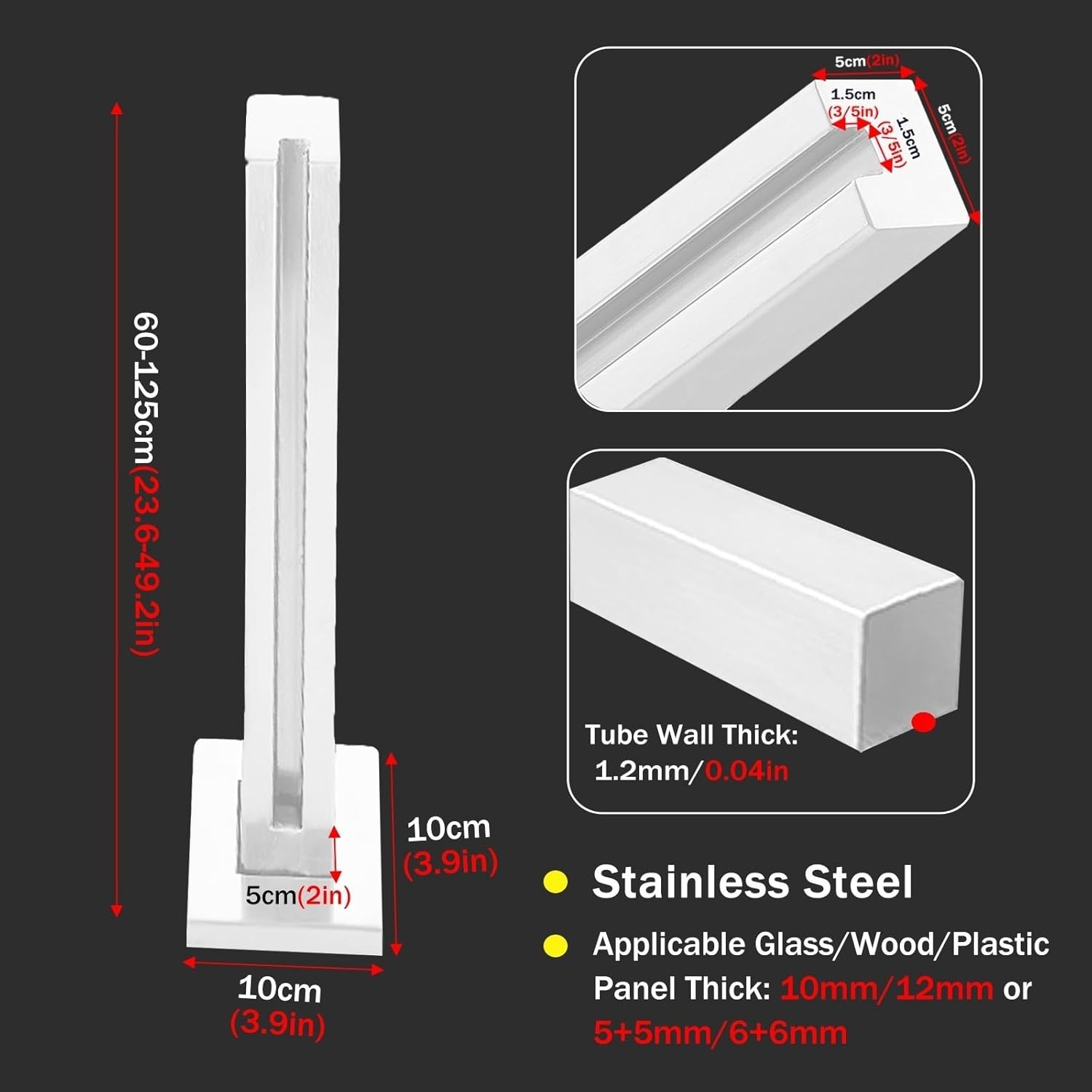 White Stainless Steel Glass Railing Post - 61" to 30" Adjustable Heights for Balcony & Stairs, Indoor/Outdoor Guardrail Column, Complete Kit for Home, Hotel, Office, Pati