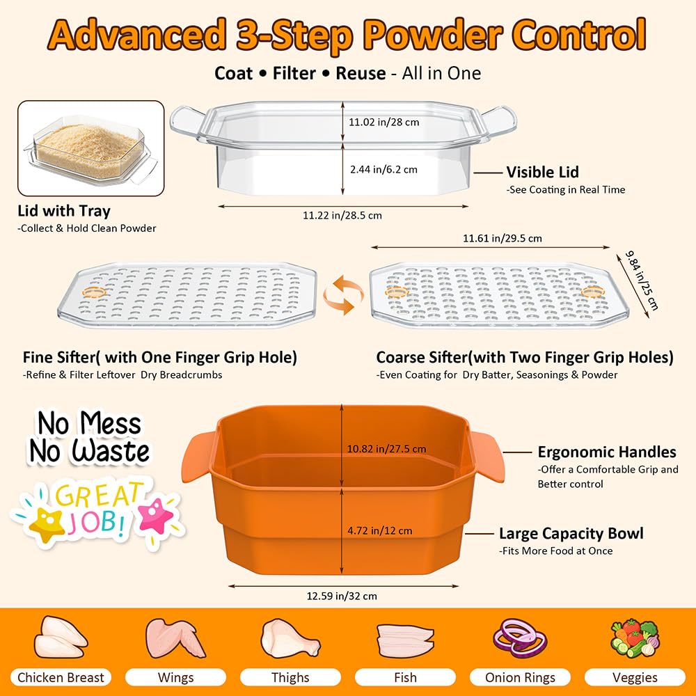SURETIVIAN Better Bol à pâte extra large avec deux tamis et plateau à poudre, shaker visible sans désordre pour poisson frit, poulet, viande, légumes, idéal pour les fêtes de famille (orange)
