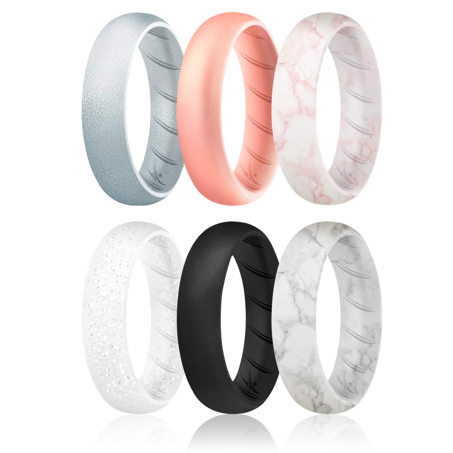 ROQ Silicone Rings for Women, Breathable Silicone Rings, Sets of 4 Bands, Unique Silicone Wedding Ring for Women, Medical Grade Silicone Rubber Band - Rose Gold, Marble, Silver Colors - Size 4