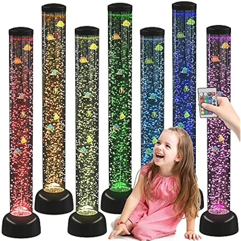 Playlearn 3.3ft Bubble Tube with Remote Control - 8 Fake Fish - Color Changing LED Lights - Sensory Bubble Lamp – Fake Fish Tank Floor Lamp Cover