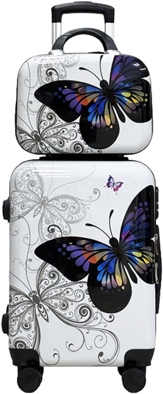 2-Piece White Butterfly Print Luggage Set (20" Carry-On + 14" Handbag), Hard Shell ABS+PC Suitcase with 360° Spinner Wheels & Combination Lock (White)