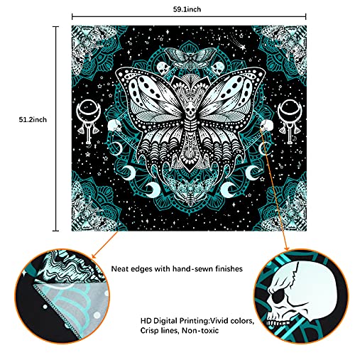 Krelymics Death Moth Tapestry Skull Tapestry Butterfly Tapestry Gothic Skeleton Tapestry Blue Mandala Tapestry Wall Hanging For Room(51.2 X 59.1 Inches) #TOP5