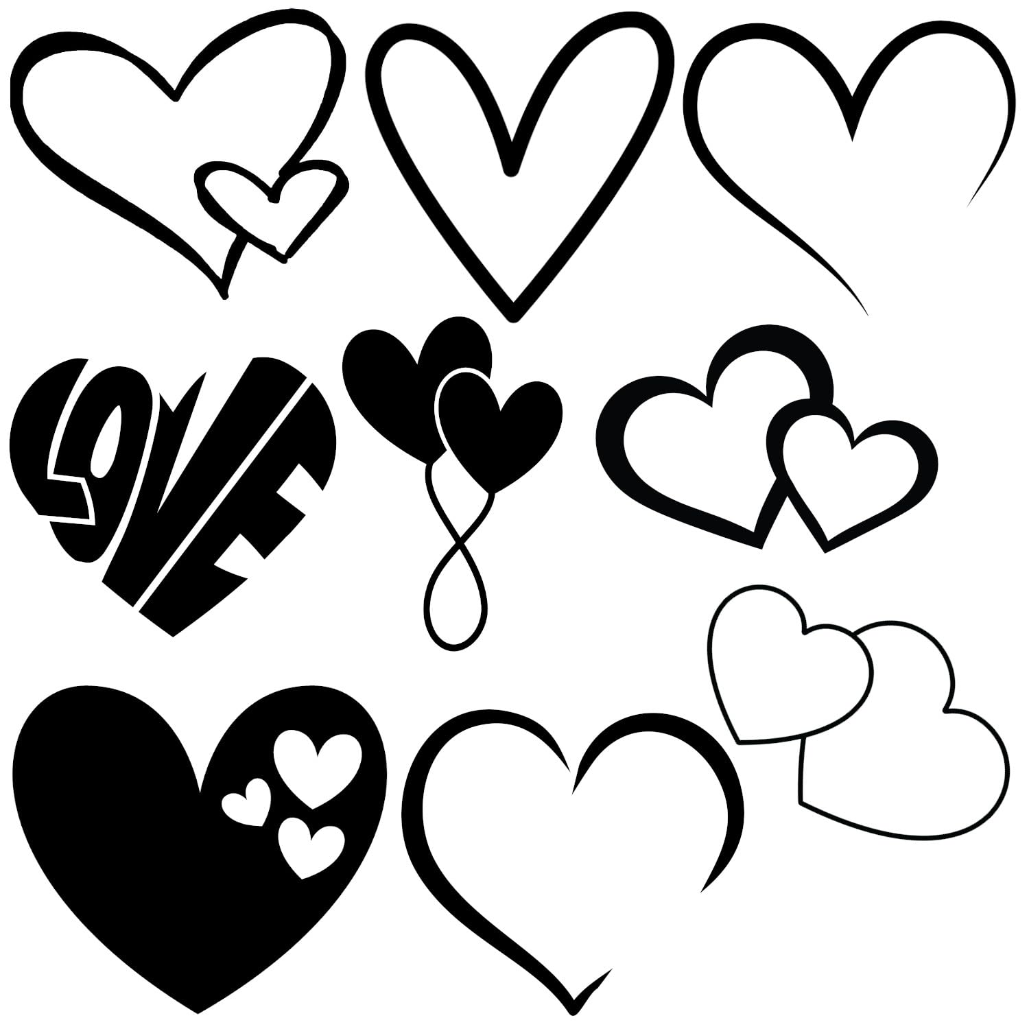 9 Pack Love Heart Cute Stickers - Waterproof Decals - Easy to Apply - Valentines/Weddings/Romantic Gifts (Black, 13cm (5.1") Long)