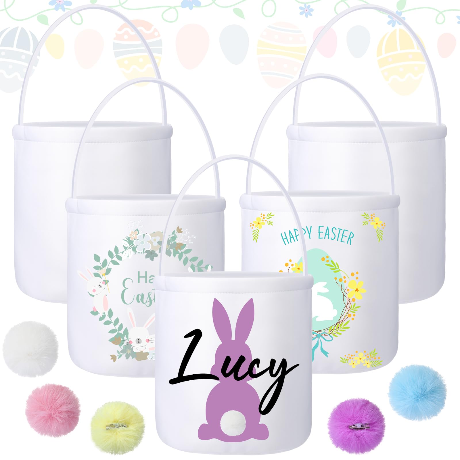 5 Pcs Sublimation Easter Bunny Basket Easter Eggs Basket Rabbit Print Buckets with Fluffy Tail for Easter Kid Boy Girl Party Favor Supply