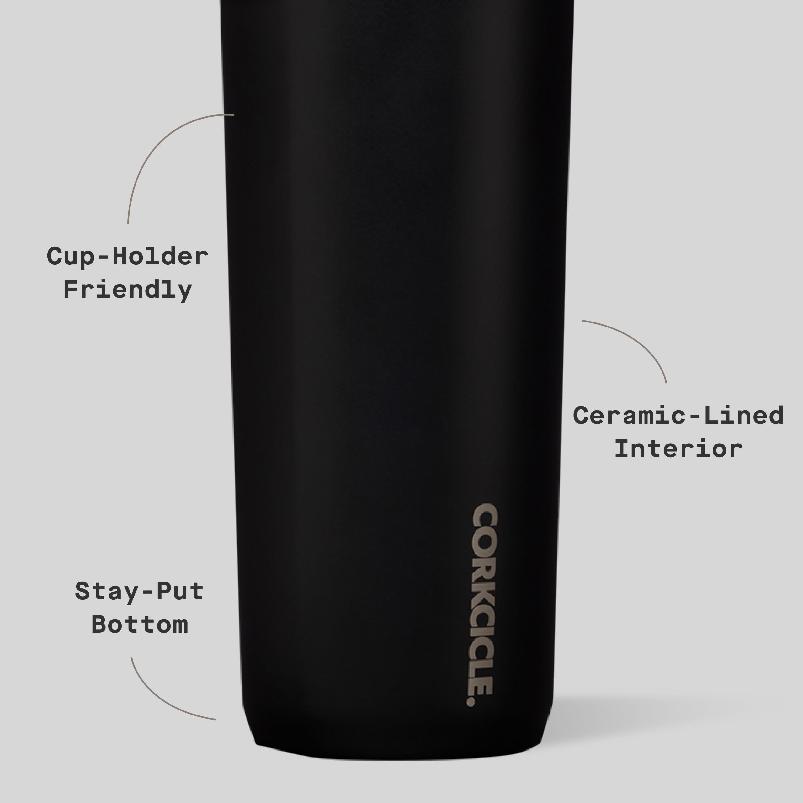 Corkcicle Tasse à café isotherme en acier inoxydable anti-déversement pour garder les boissons froides pendant 9 heures et chaudes pendant 3 heures, noir mat, 500 ml