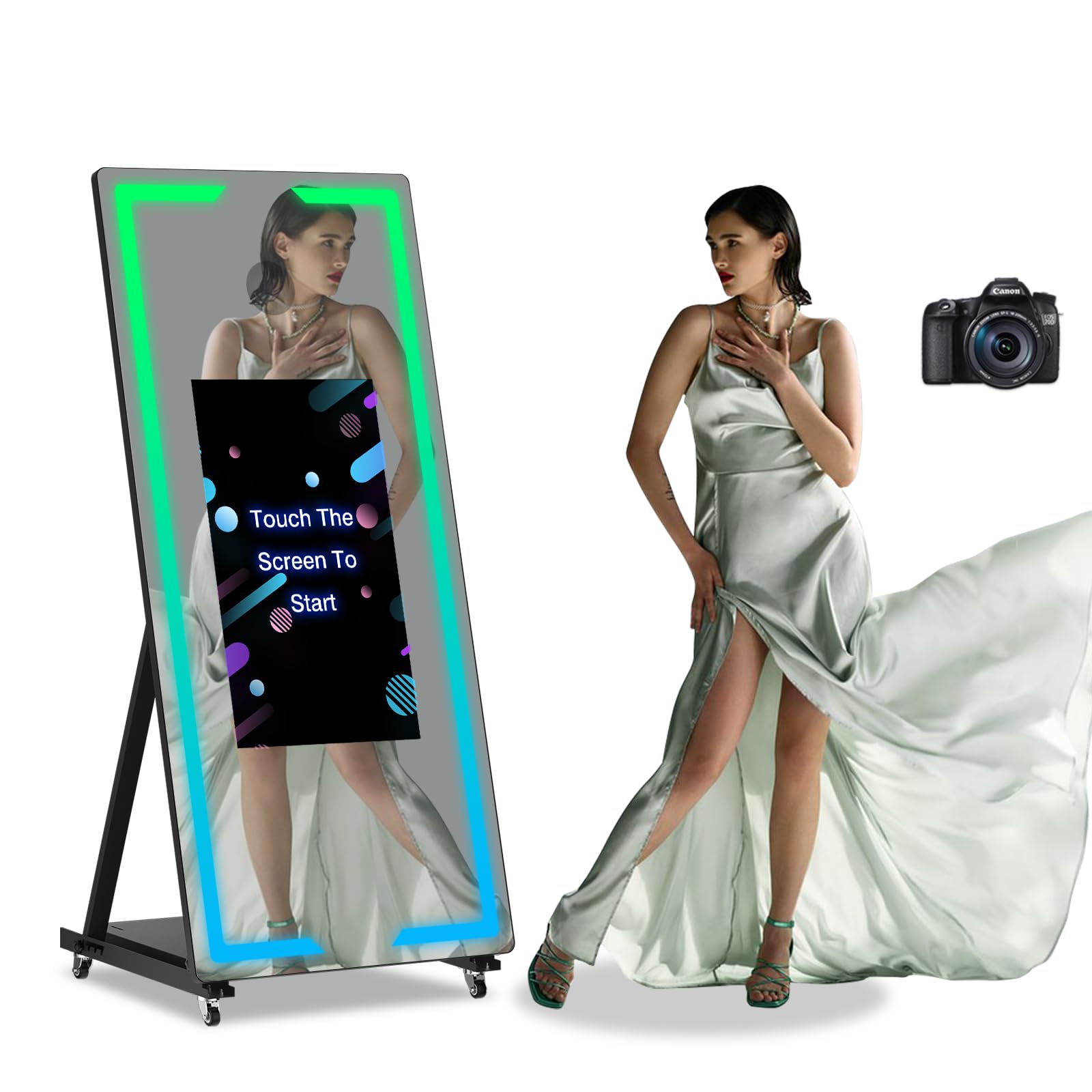 65in Black Magic Mirror Photo Booth Machine with Camera, 32in Touch Screen, Movable Mirror Photo Booth Machine with Flight Case for Parties and Rental