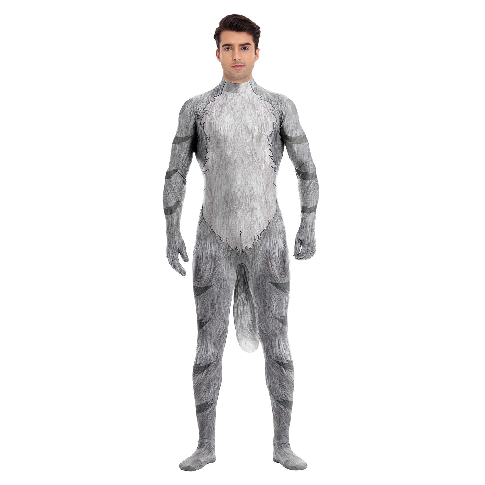 Animal Full Bodysuit for Men Muscle Spandex Jumpsuit Furry Costume with Big Tail for Adult Cosplay Halloween Party