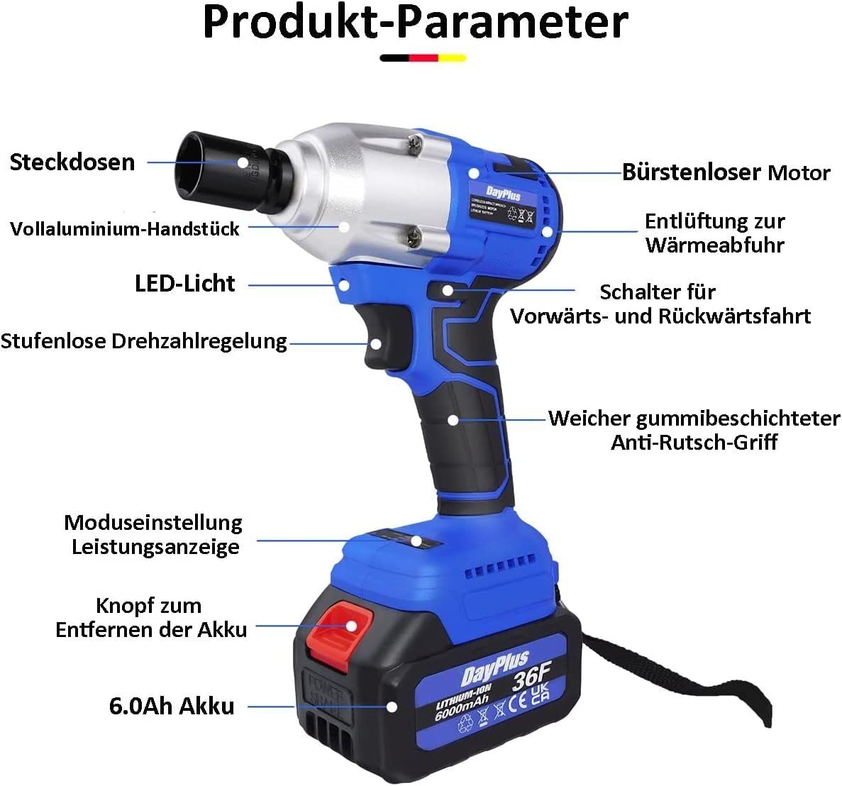 Atornillador de impacto con batería, llave de impacto de 1/2 pulgadas, portabrocas de 18 V, atornillador de impacto giratorio con 1 batería, 4 accesorios, tuercas, juego de herramientas