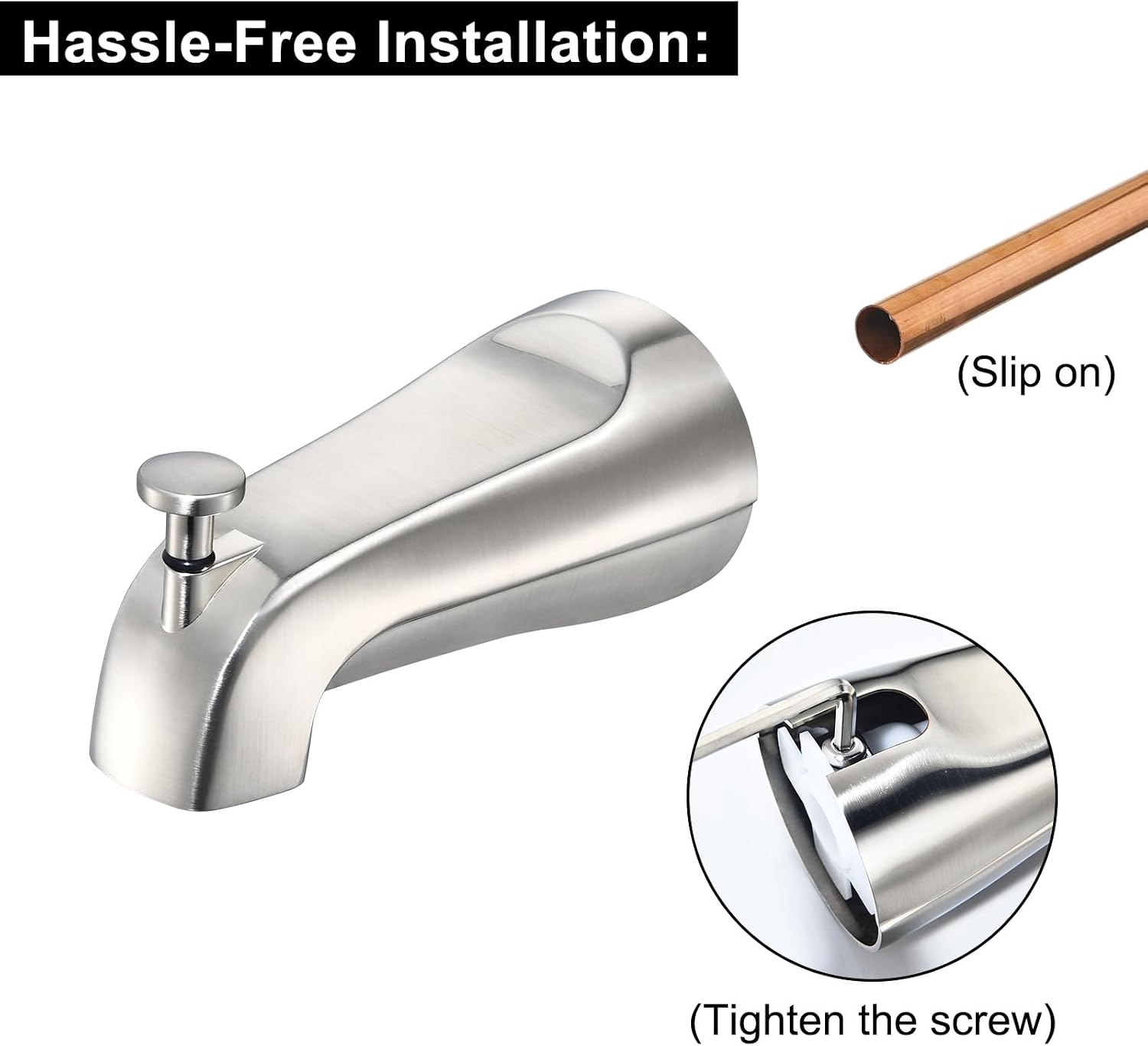 Tub Spout with Integrated Diverter for 1/2 inch Copper Tube - Metal Construction, Brushed Nickel