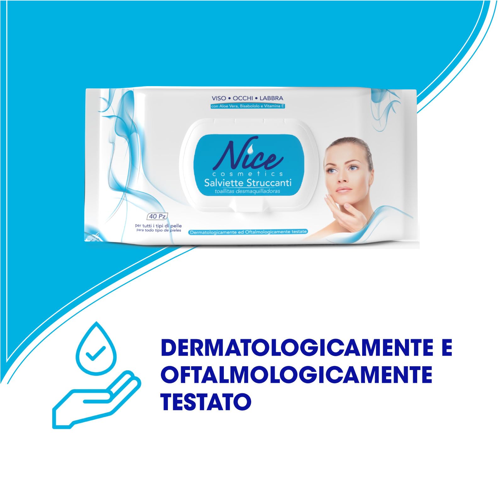 Nice Salviette Struccanti per Viso, Occhi e Labbra, con Aloe Vera, Bisabololo e Vitamina E, Dermatologicamente e Oftalmologicamente Testate, Confezione da 40 Salviette