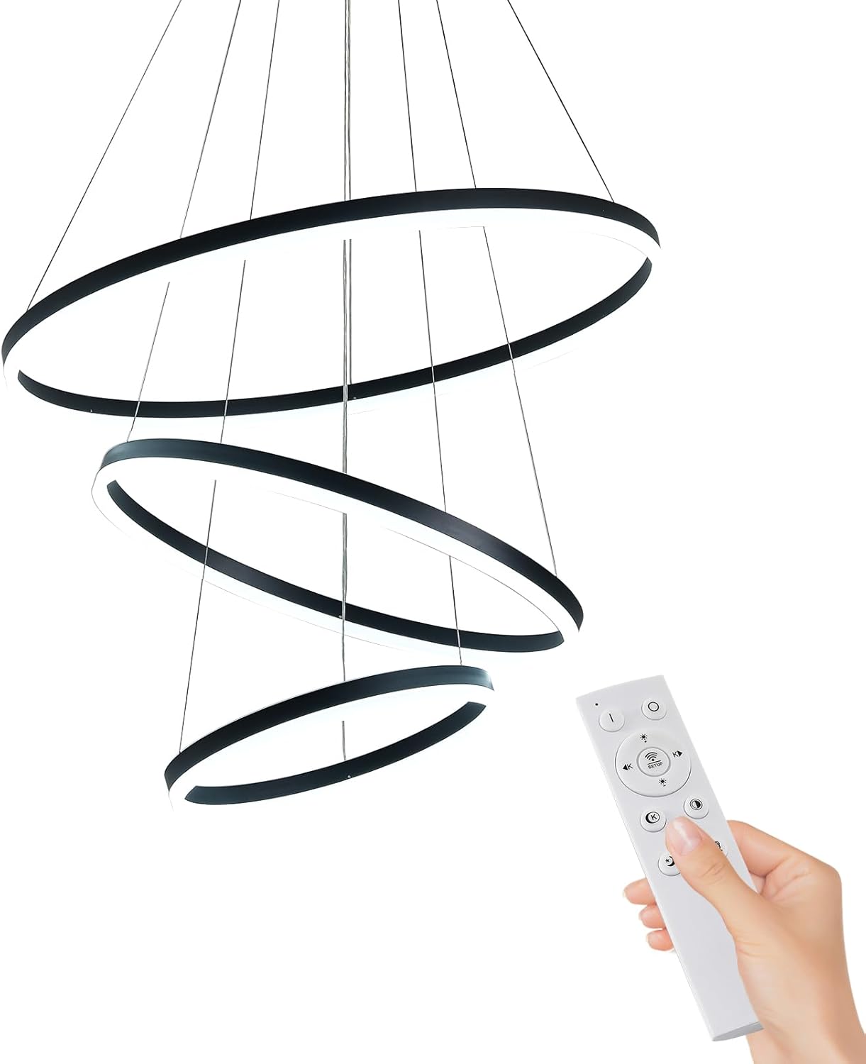 3-Rings LED Black Chandelier Modern Dining Room Light Fixture with Remote Control for Living Room, Office, Entryway, Foyer, Stairwell, Staircase Large Chandelier for High Ceiling 3000K-6000K