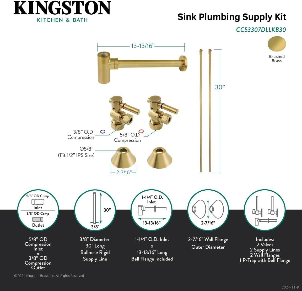 Kingston Brass CC53307DLLKB30 Trimscape Modern Plumbing Sink Trim Kit with Bottle Trap in Brushed Brass