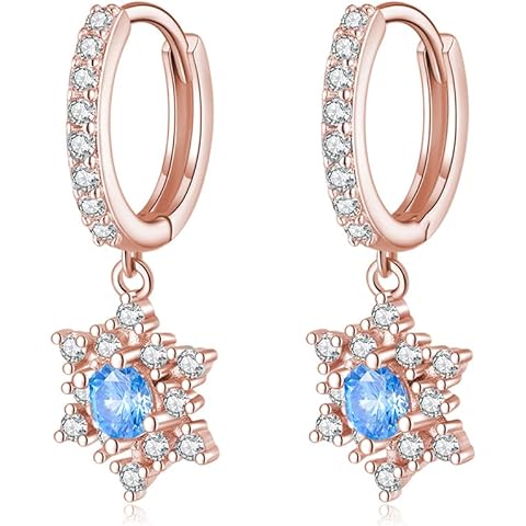 SLUYNZ Solid 925 Sterling Silver Sparkling Blue Crystal Snowflake Hoop Earrings for Women Teens CZ Snowflake Hoop Earrings Drop Christmas Gifts