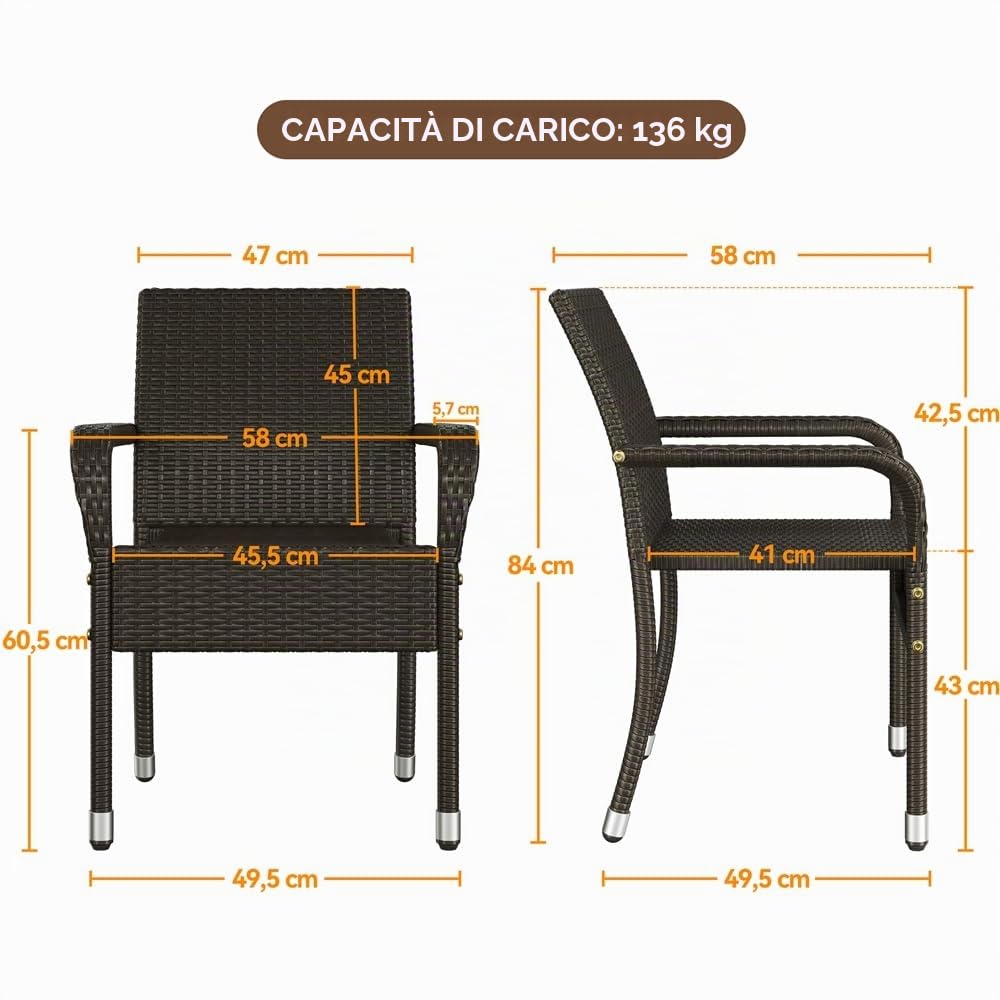 Yaheetech Set di 4 Sedie Impilabili in Rattan Sedia da Giardino con Braccioli Piedini Regolabili e Schienale per Giardino Balcone PatioTerrazza Marrone