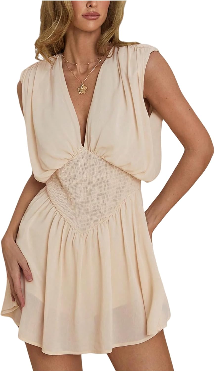 Floerns Women's Elegant Sleeveless Mini Dress V Neck Smocked Work Office Dresses