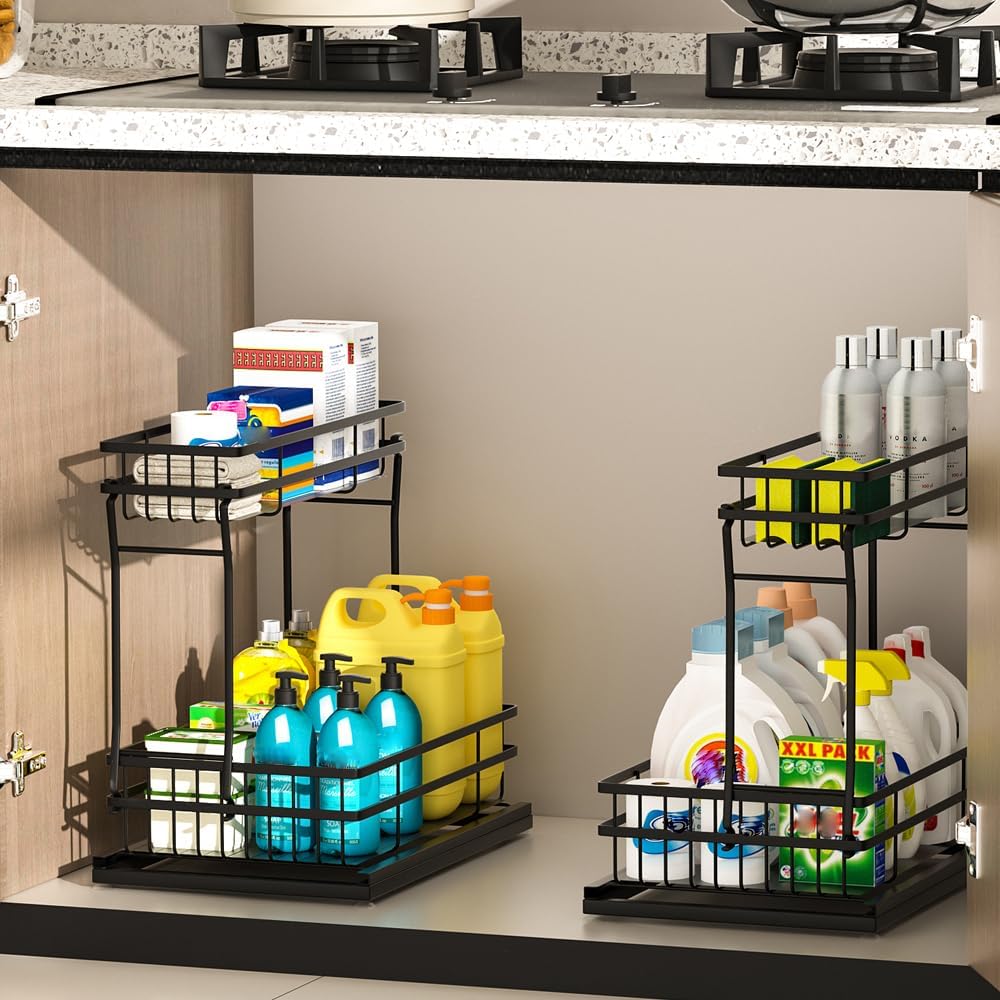 2 Pack Under Sink Organizers and Storage, 2 Tier Pull Out Cabinet Organizer, Metal Sliding Drawer Storage for Kitchen Bathroom?Black Black 2 Pack