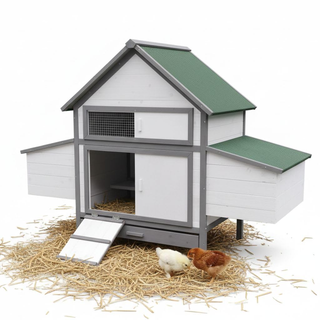Mucola Hühnerstall Hühnerhaus mit 2 Nestboxen 160x100x115 cm Holz Weiß | Eierentnahme von außen, 4 Nistplätze, 2 Sitzstangen, erhöhte Standfüße gegen Nässe, wetterfestes Dach mit Dachpappe, Eiablage