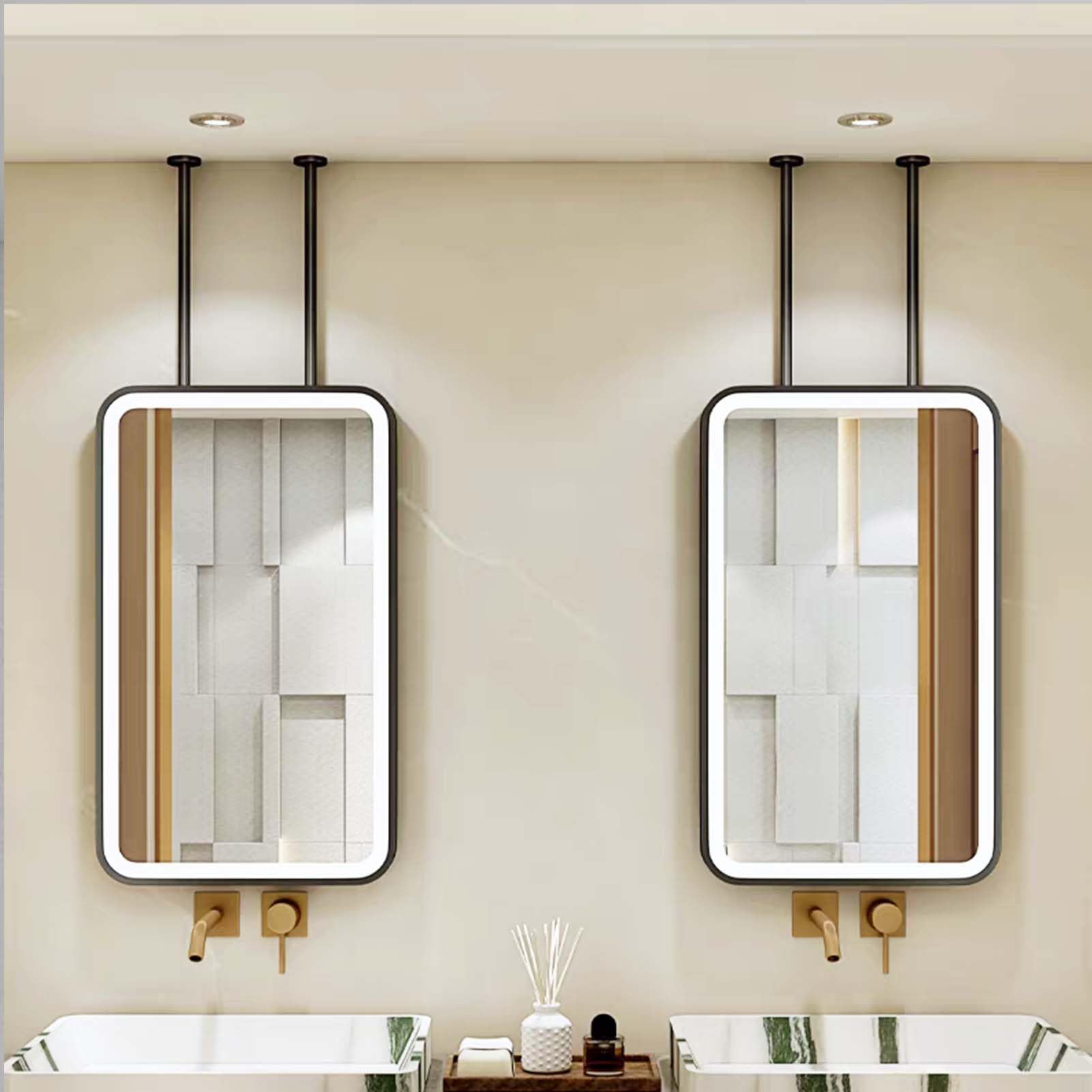 FGXHHS Wall Mirror for Bathroom Ceiling Square Hanging Suspended Mirrors Touch Screen Control Vanity Makeup Dimmable 3-Color Lights Over Sink, Black(50cmx70cm)