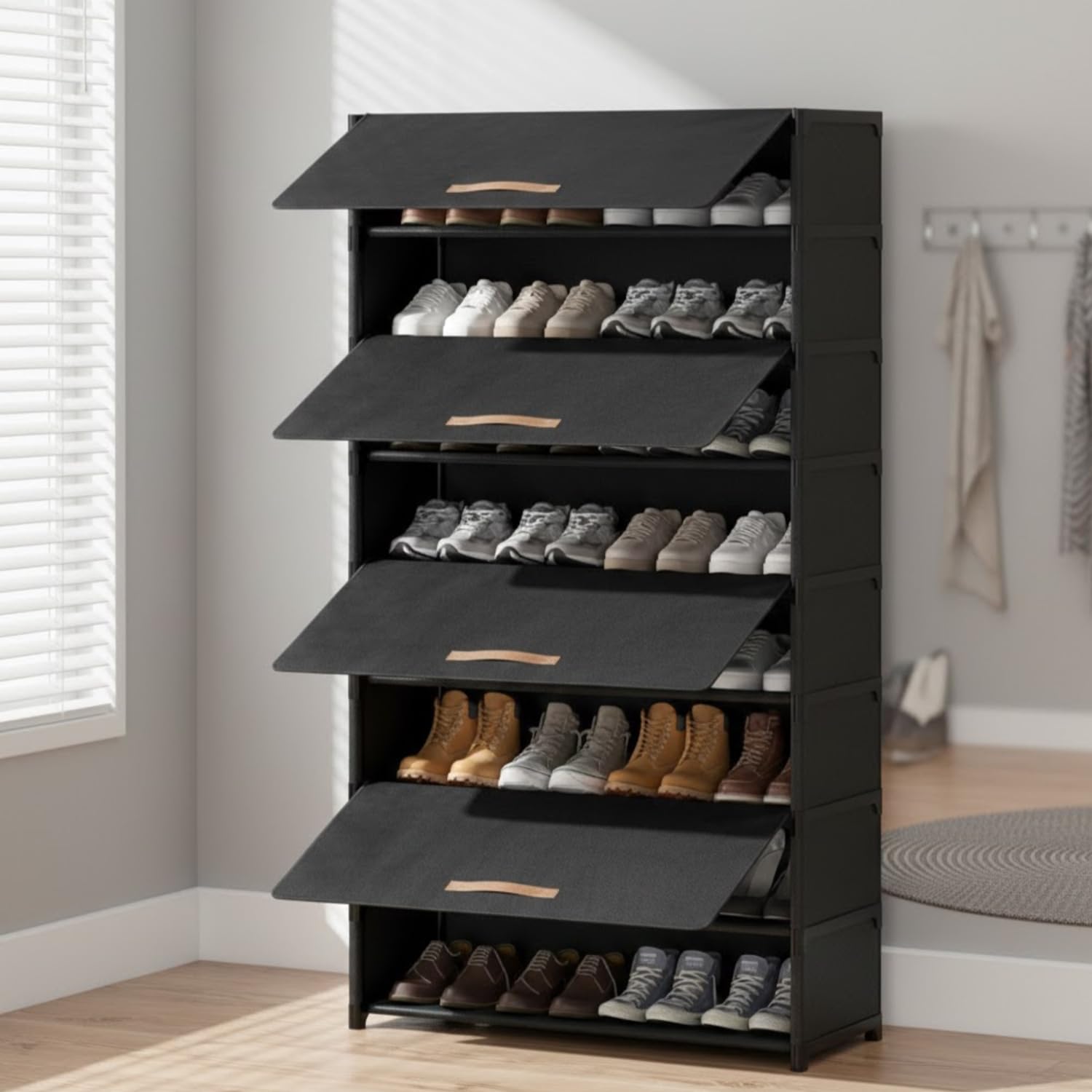 Shoe Storage Organizer Stackable Shoe Box with Door Universal Size Shoe Organizer Multi Purpose Space-Saving Shoe Box for Men and Women (4 Rack) (Black, 8 Layer)-image-12