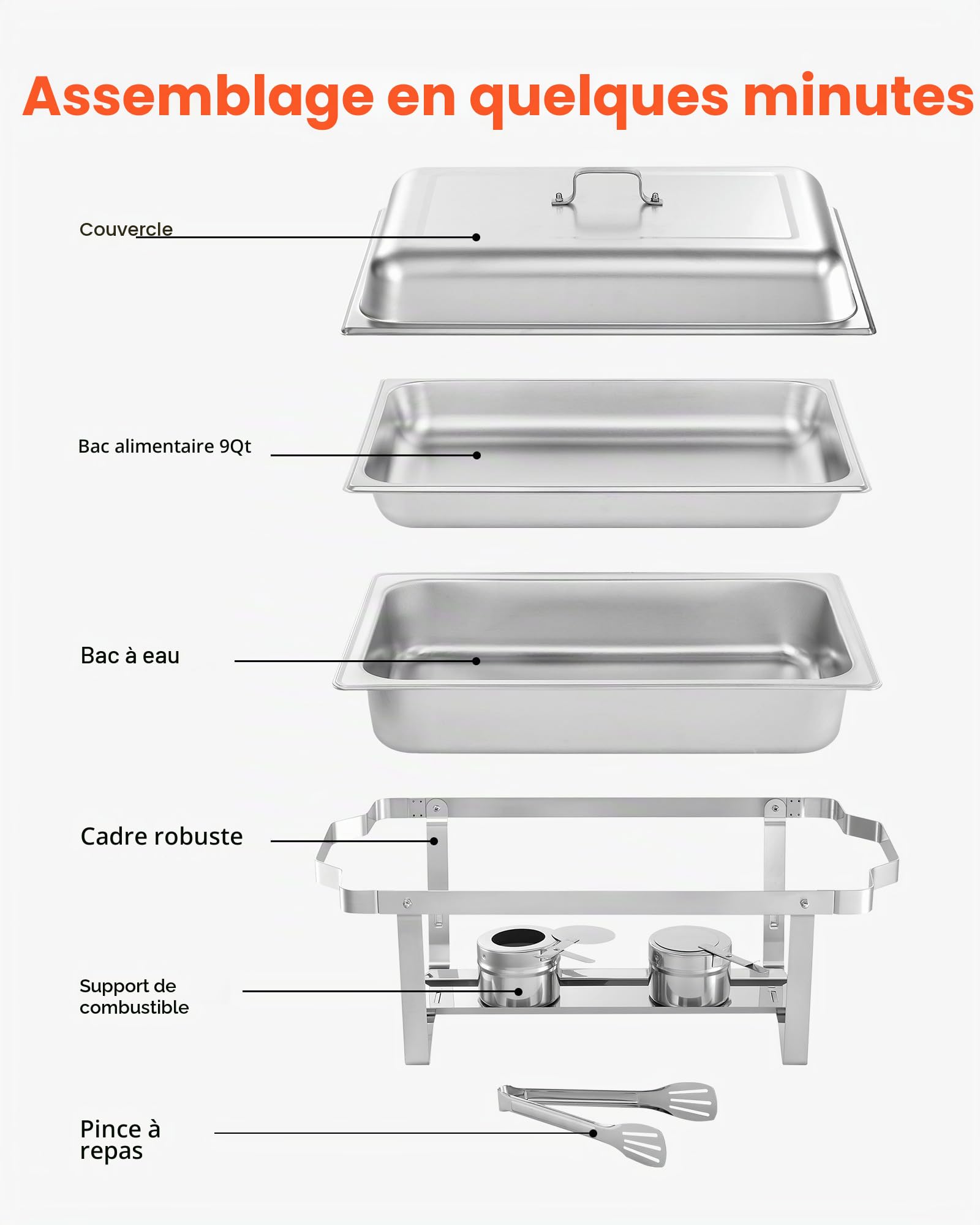 VEVOR Chauffe-Plat Rectangulaire 4PCs 8,6 L, Buffet Chauffant à Combustible en INOX, avec Couvercle, Poignée Creuse, 2 Pinces à Aliments et Porte-Combustible, Réchaud pour Banquet Fête Mariage