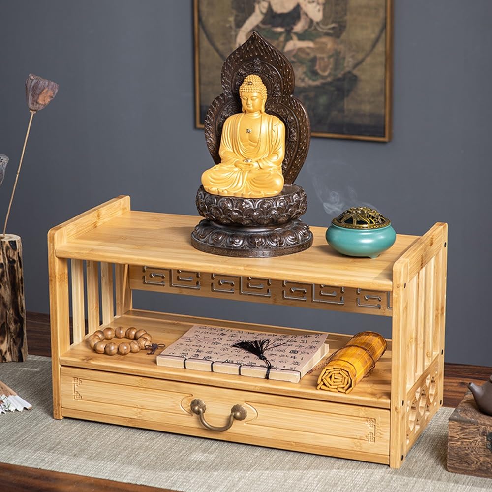 BIRDFBA Altar Meditation Table with Drawer Storage, Bamboo Spiritual Altar Table,Relax Buddhist Table Tea Table for Prayers Divination Worship Personal Spiritual Space.