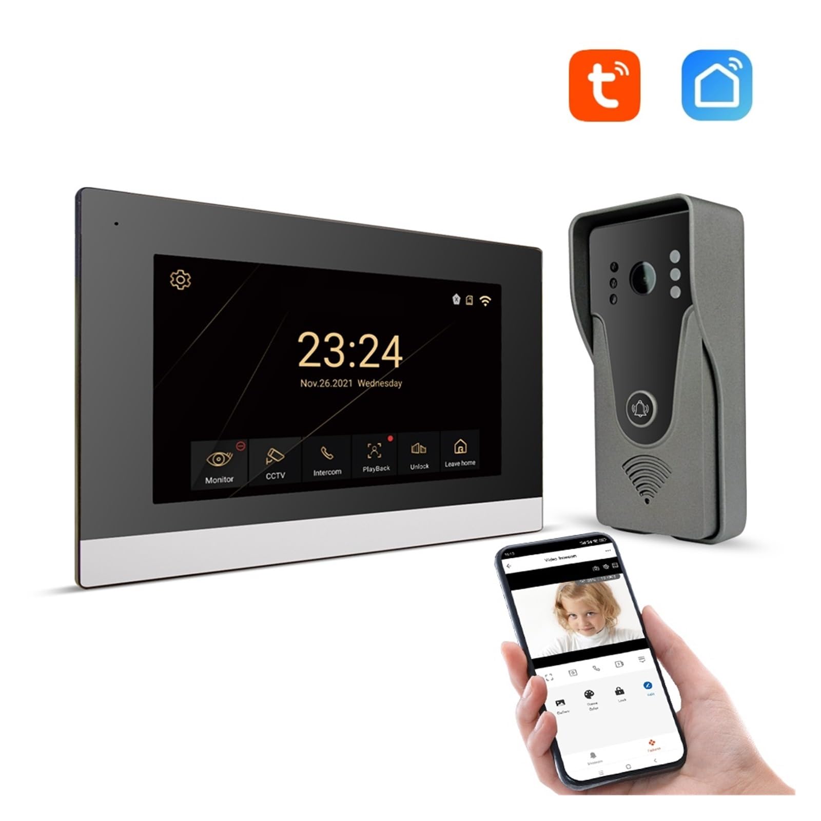 Tuya Smart Home wideodomofon 7 cali ekran dotykowy domofon dostęp do telefonu z przewodową kamerą dzwonkową 1080P 110 °(R4-P356BA)