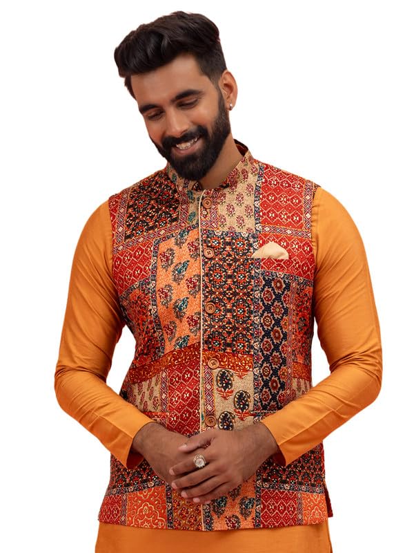 kisah Men's Cotton Blend Printed Nehru Jacket | Ethnic Waistcoat Perfect for Wedding Festive (Size-S)-picture-15