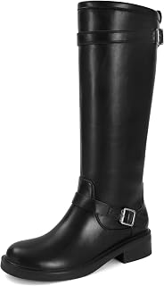 SOVANYOU Women's Knee High Riding Boots Slip-On Round Toe Chunky Block Heel Faux Leather Vintage Buckle Tall Boots