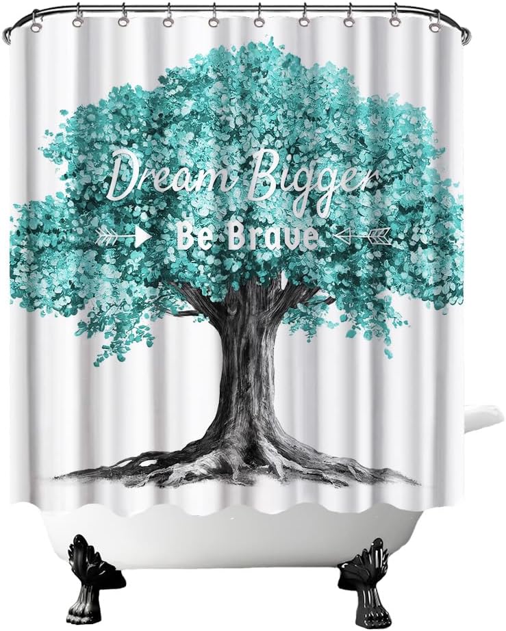 Tree Shower Curtain Dream Bigger Be Brave Bathroom Art, Blue Tree Inspirational Bathroom Decor, Motivational Quote Fabric Bath Curtain, Modern Minimalist Bathroom Art (Navy)