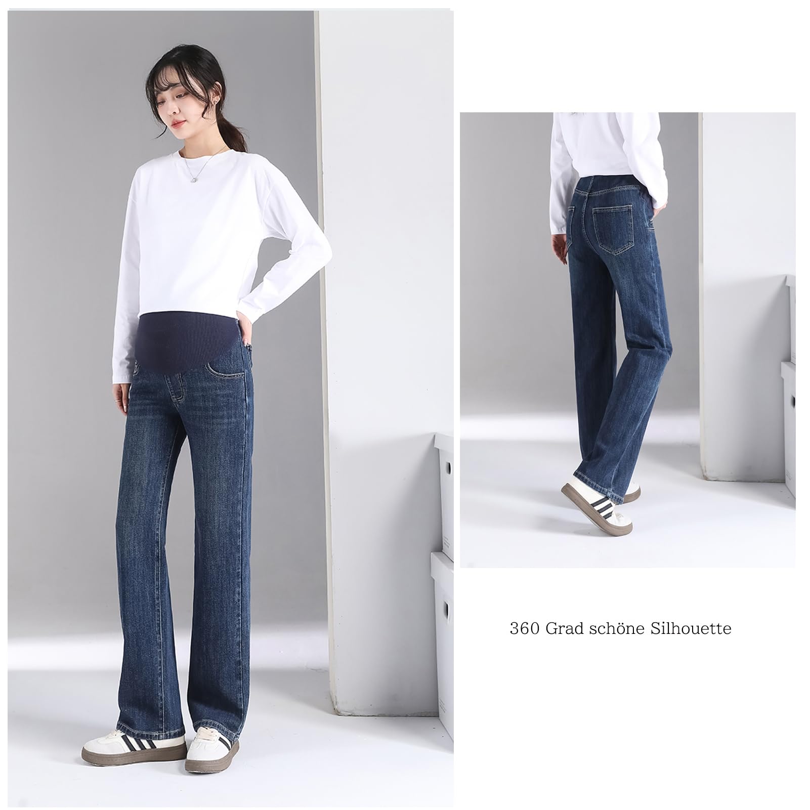 Umstandsjeans, Hose mit weitem Bein, verstellbare Taille, Taschen, modisch und elegant, geeignet für Mädchen unter 170 cm