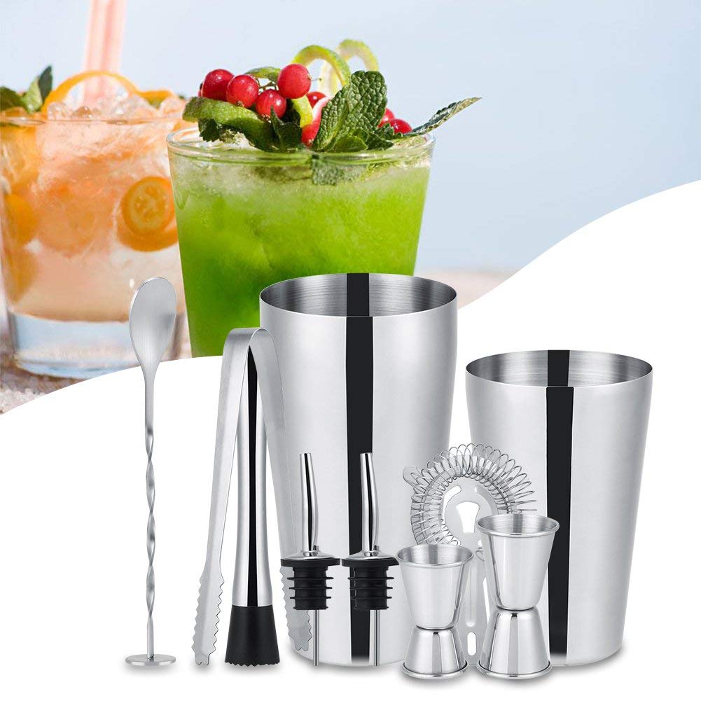 Set Shaker Per Cocktail Da 10 Pezzi In Acciaio Inox 304 – Kit Barista Con Shaker 600/750ml, Jigger, Cucchiaio E Pinze