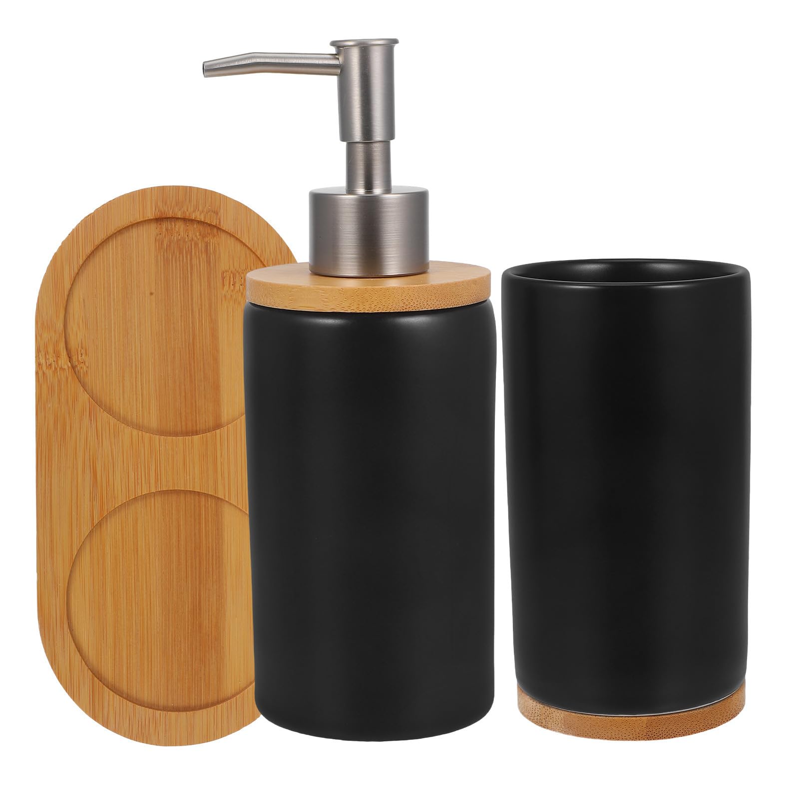 Set de baño de cerámica negra premium y madera natural para lavabos sofisticados