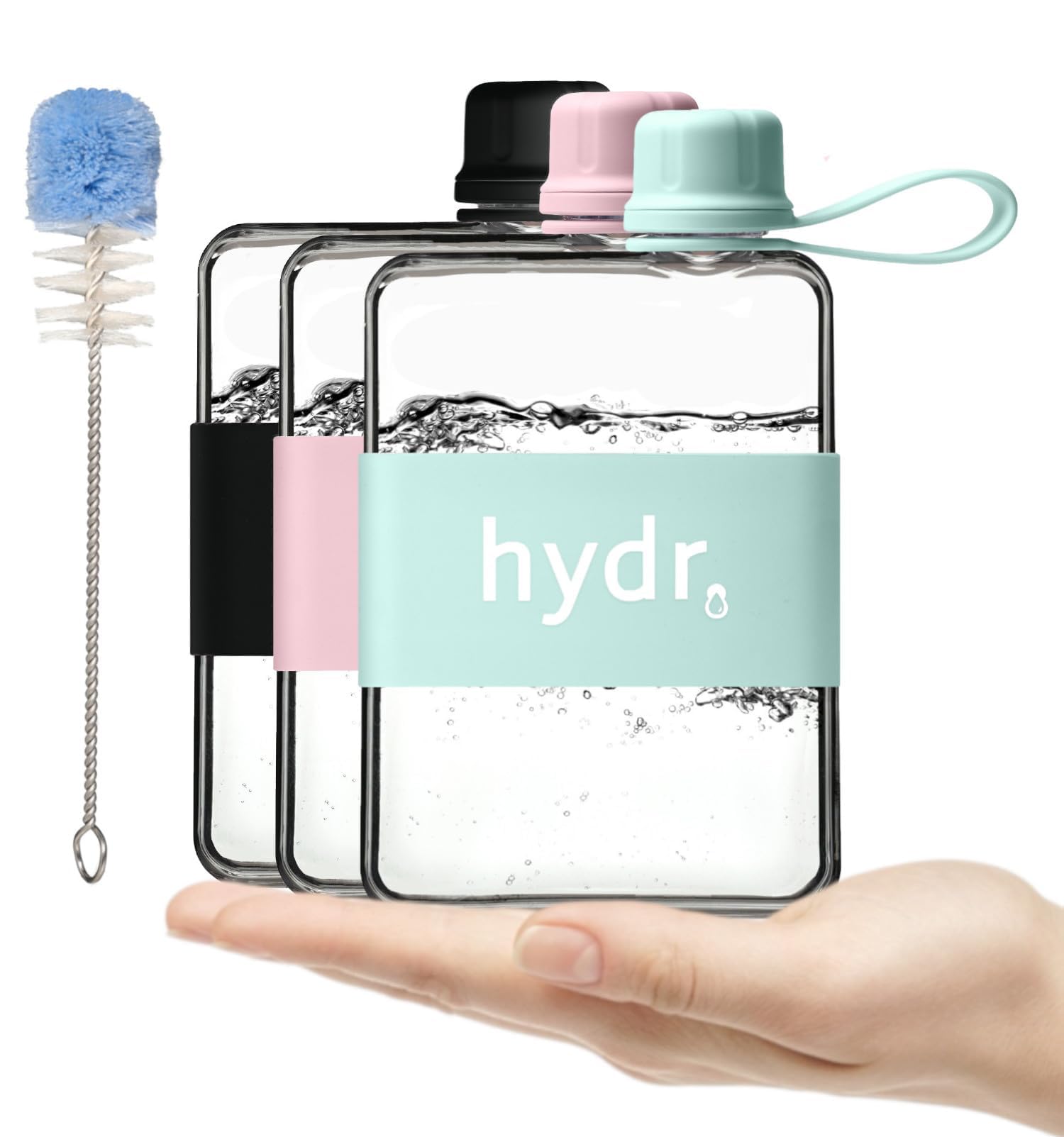 hydr | Flat Water Bottle For Purse & Flexible Cleaning Brush