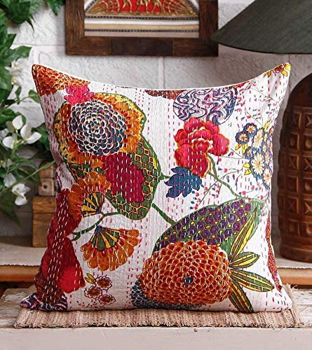 Image of Cotton Kantha Embroidery Cushion Cover (16x16-inches) (Set of 1, White)