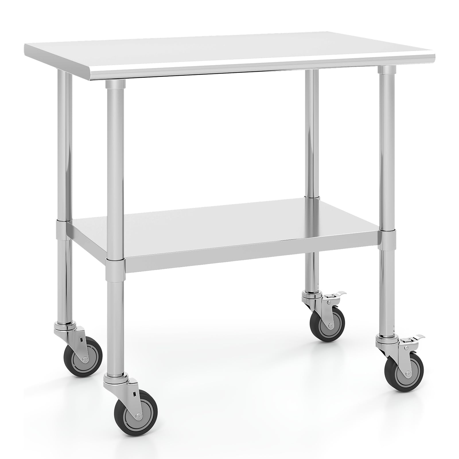 GIANTEX Edelstahl Arbeitstisch Edelstahltisch mit Rollen, Küchentisch mit höhenverstellbarer Ablage, 2 Ebenen, 91,5 x 61 x 88,5 cm, Küche Lebensmittel Zubereitungstisch, für Küche Bar