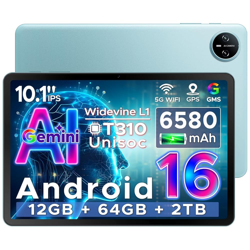 Tab A9 Android 16 Tablet 10 Inch(2026), Gemini AI Android Tablets, Unisoc T310 12GB RAM 64GB ROM(TF 2TB), 6580 mAh Battery, 5G WiFi|Dual Speaker|AI Camera|Type-C|GMS|BT|Face ID|3.5mm Jack - Blue - 1
