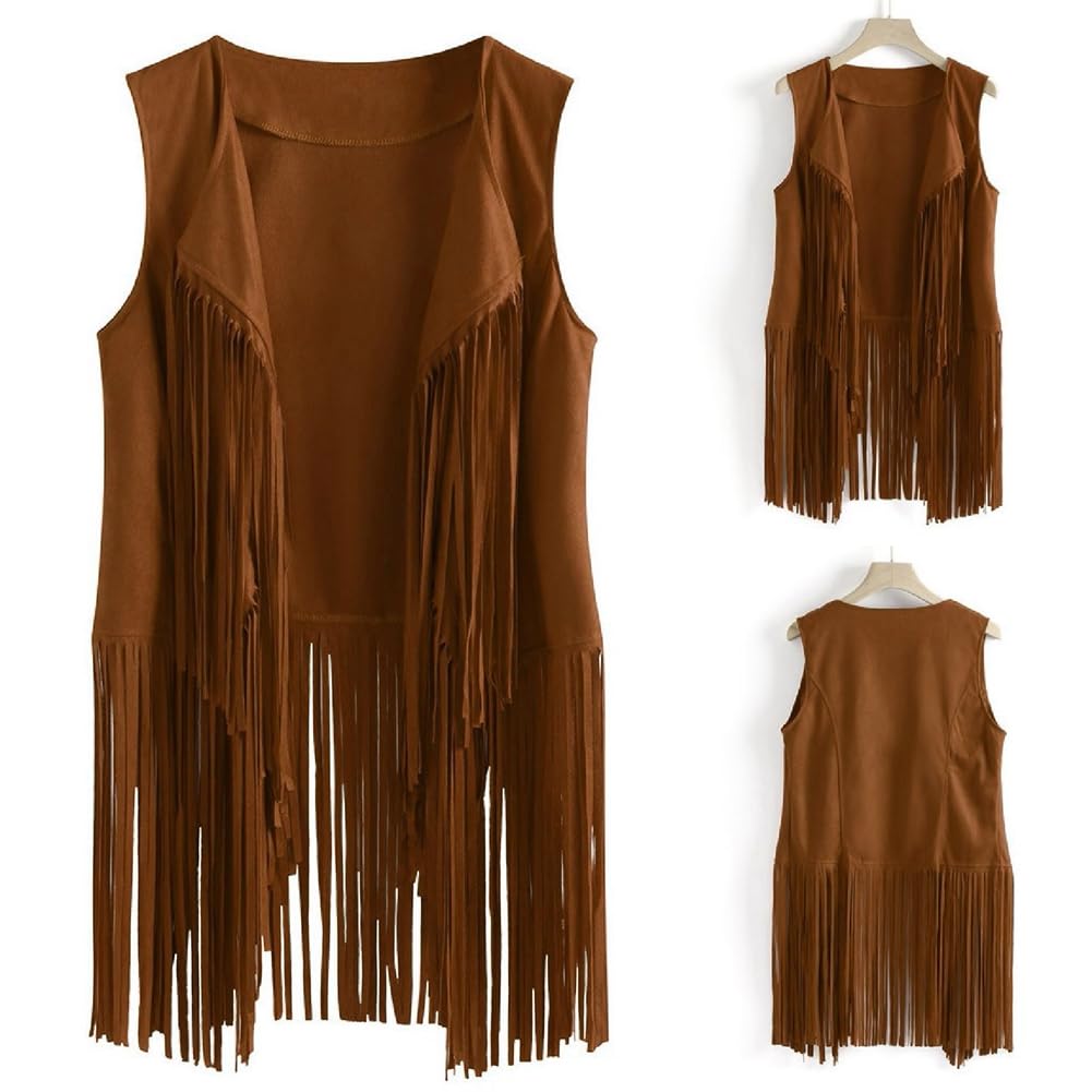 Chaleco de Ante Sintético para Mujer - Estilo Étnico Cárdigan Con Flecos - Vaquero Vintage Sin Mangas - Largo Motorista Chaqueta