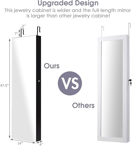 Miniatura 5 de Giantex Armario de joyería para puerta de pared con espejo de longitud completa 2 LED con cerradura grande organizador de joyas con espejo ancho