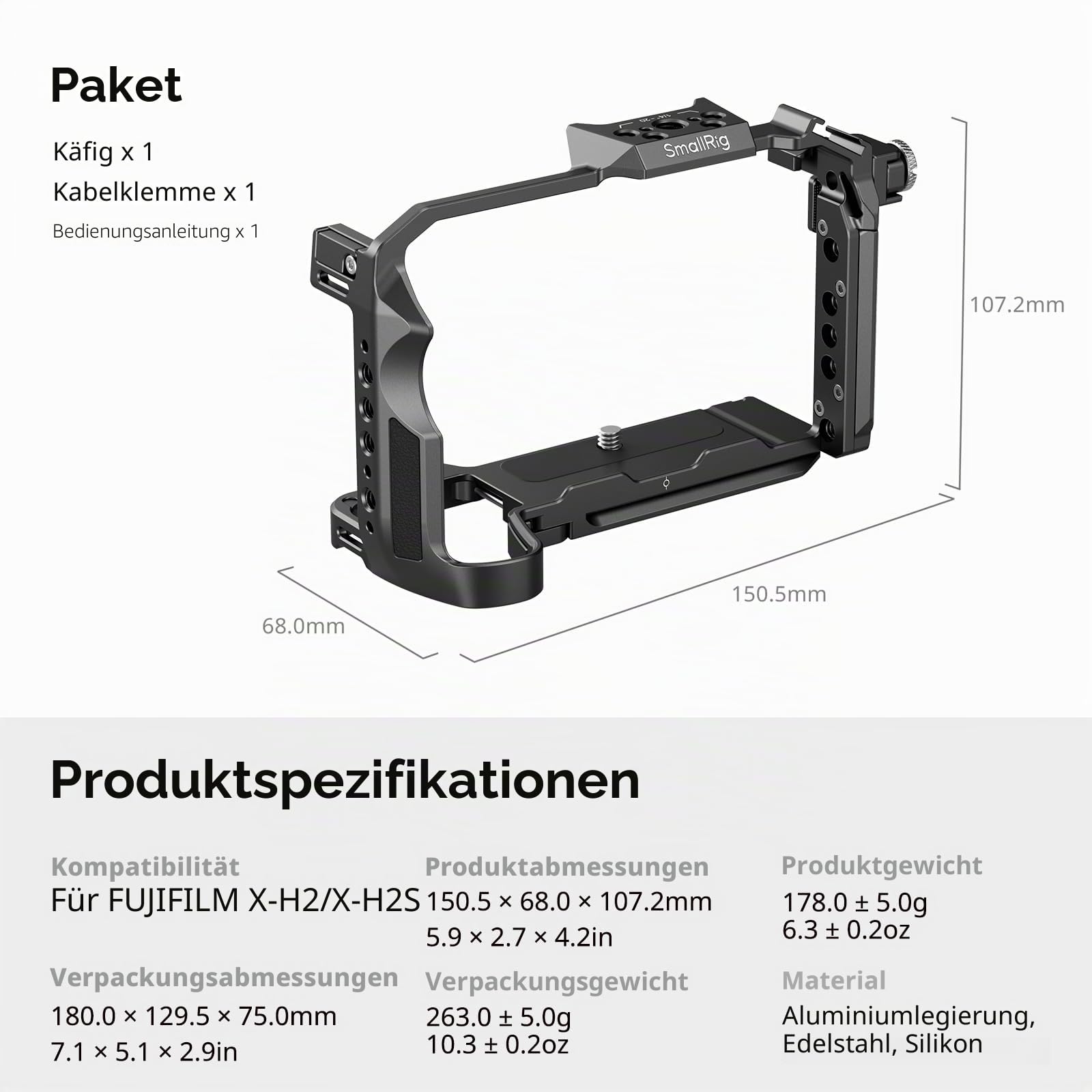 SMALLRIG X-H2 / X-H2S Kamera-Komplettkäfig für Fujifilm X-H2 / X-H2S, Videokamera-Rig aus Aluminiumlegierung mit Kabelklemme für HDMI und HawkLock-Schnellverschlussschnittstelle – 3934B