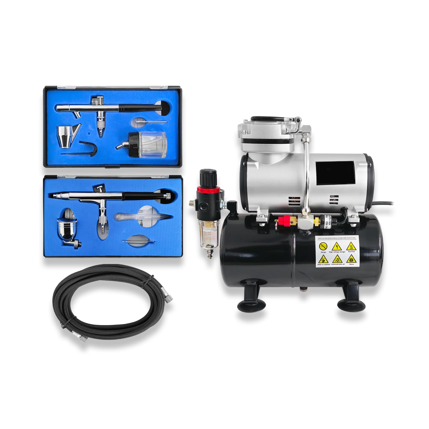 Rdgtools Silver Airbrush Compressor With Tank Air Brushes 132 + 128 And Hose