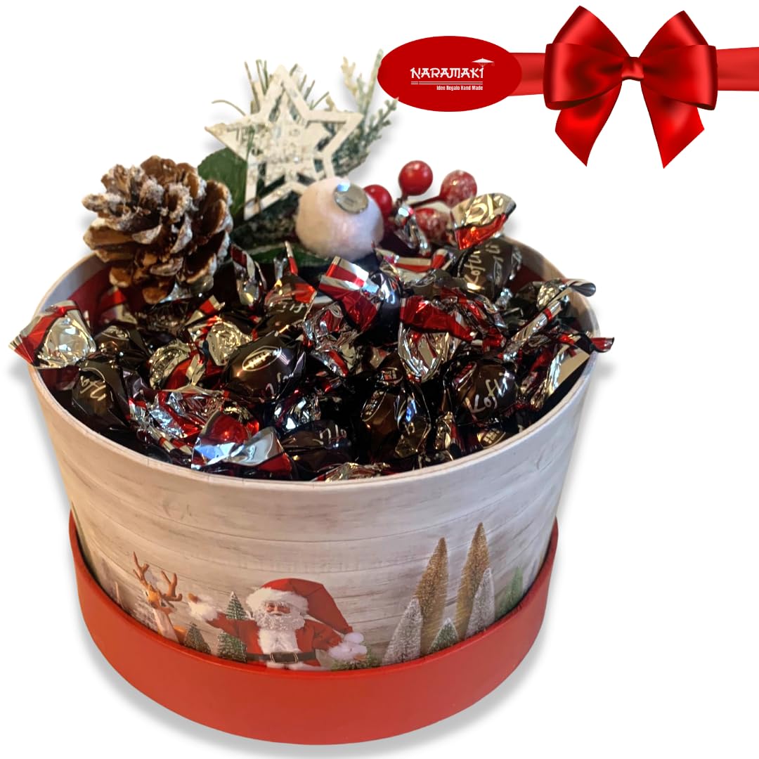 Regalo di Natale 2024 - Scatola Natalizia Tonda + 200gr Koflì Chicchi di Caffè Ricoperti di Cioccolato Fondente + Ramo di Bacca Decorativo - Confezione Regalo (200G KOFLI')